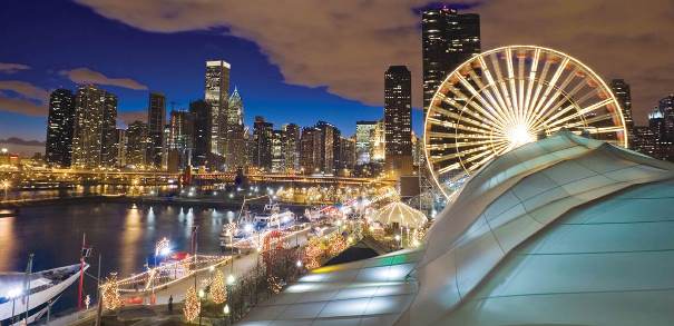 Chicago skyline with Navy Pier in the foreground, where the inaugural Host Committee Welcome Reception will take place on September 4, 2016.